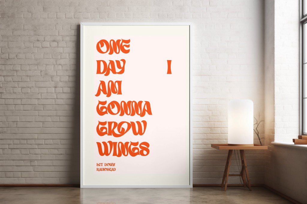 Framed typographic print in a home setting